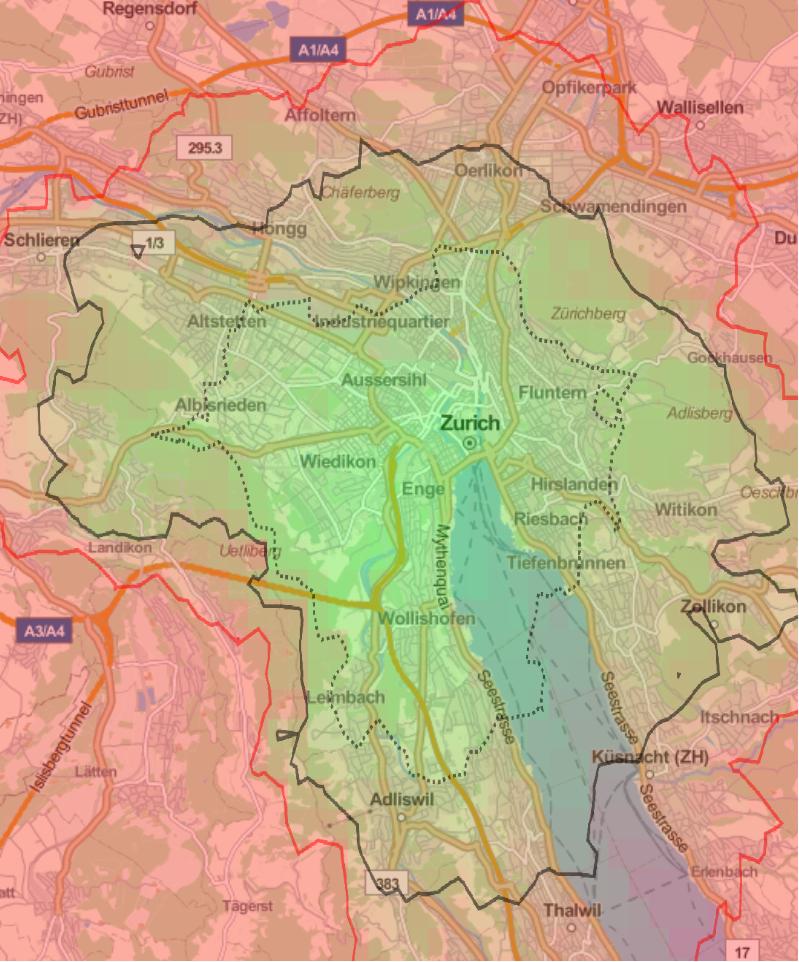 Figure 2. Cycling commute. Dashed line shows 20min commute zone; solid line is with 30min; and solid red line is within 40min commute.