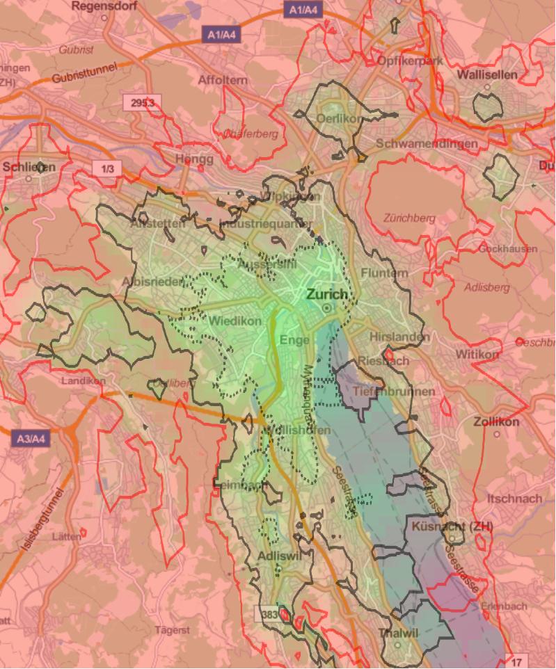 Figure 1. Public transport commute. Dashed line shows 20min commute zone; solid line is 30min zone; and solid red line is 40min zone.