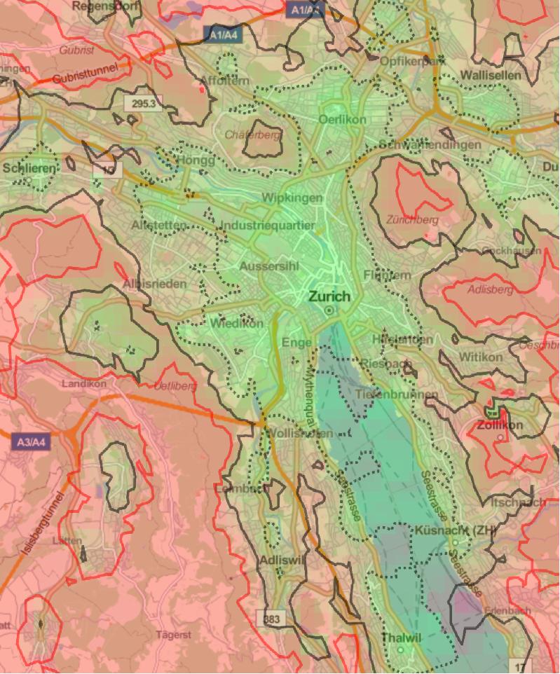 Figure 3. Public transport at night from the city centre. Dashed line shows 20min travel zone; solid line is 30min zone; and solid red line is 40min zone.